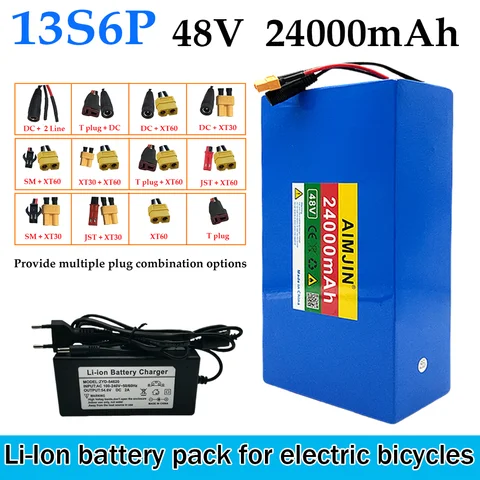 48V 24AH 13s6p 리튬 이온 배터리 팩 48V 24000mAh 1500W 전기, 스쿠터 및 자전거 배터리, 내장 50A BMS + 충전기