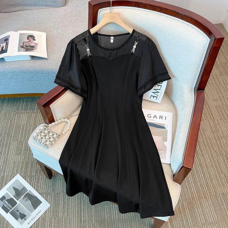 Vestido de camiseta de algodão feminino, gola O, manga curta, tamanho grande, elegante, duas peças falsas, preto, branco, vestidos azuis finos, verão, fêmea