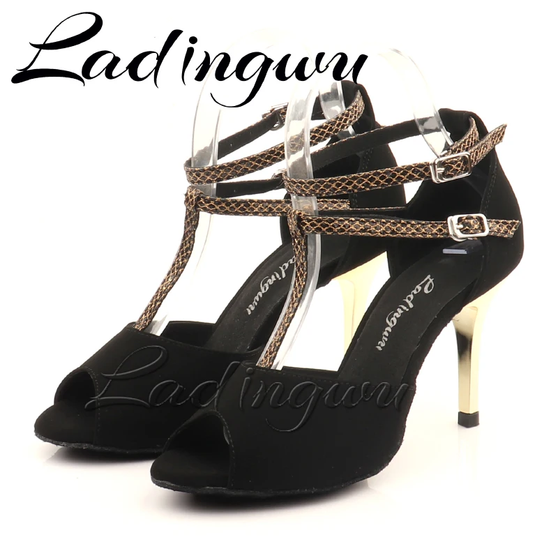 Ladingwu Hot Selling Flannel Black For Women Salsa Dance Shoes Soft Bottom Latin Tango Samba Dance Shoes High Heels 7.5cm 8.5cm