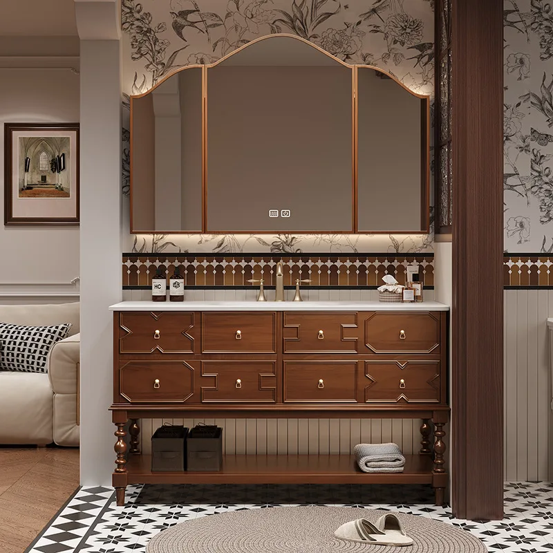 Factory Direct 2026 French retro medieval style bathroom cabinet combination floor slate hot bending integrated washbasin toilet