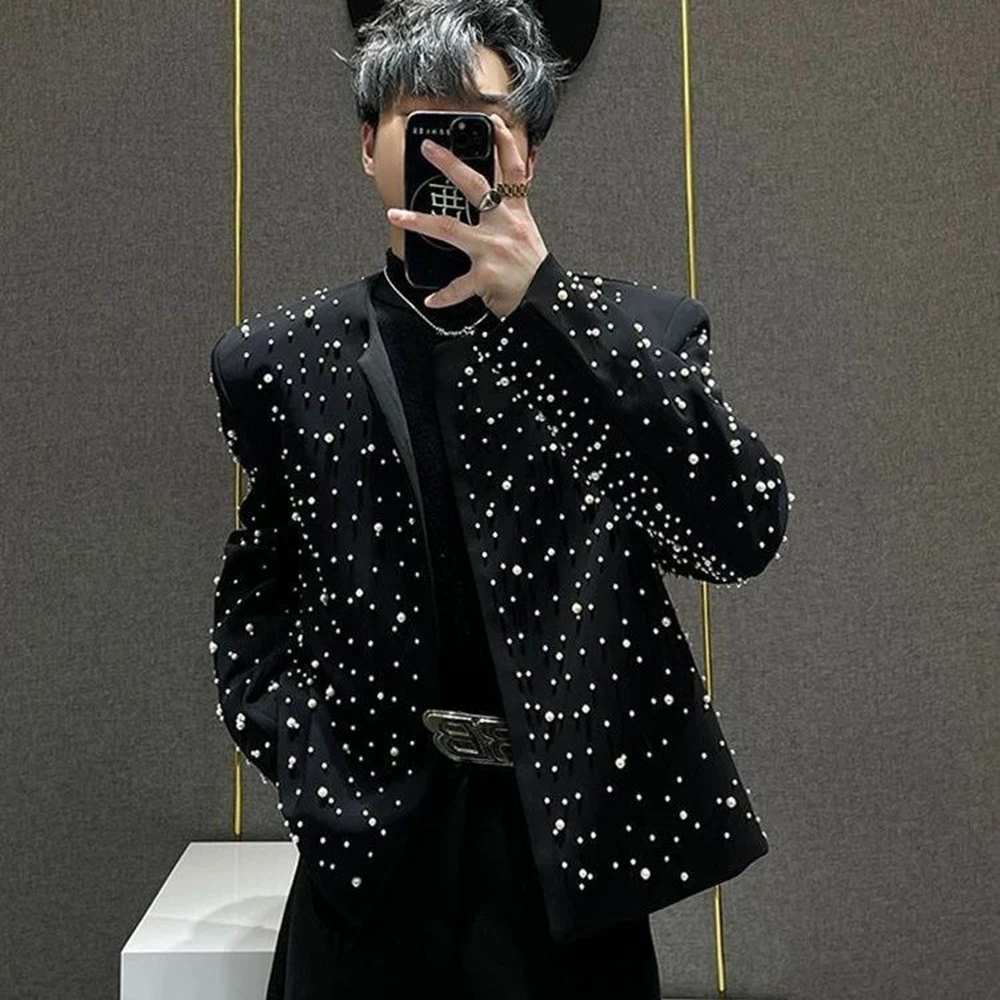 

Men Autumn Jacket Pearl Ballroom Design Streetwear Fashion Nightclub Stage Performance Niche Long Sleeve Top Men'S Clothing 2025