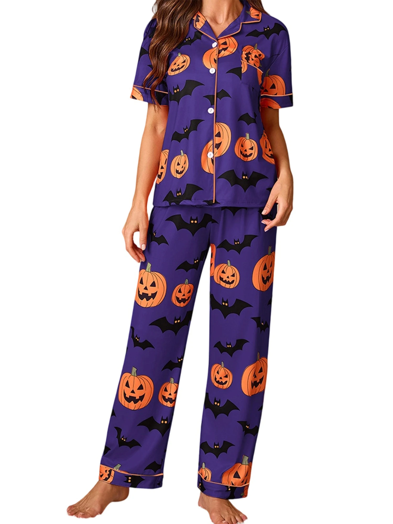 

Women Halloween Pajama Set Pumpkin Bat Print Short Sleeve Button Closure Shirt with Pants Sleepwear Loungewear