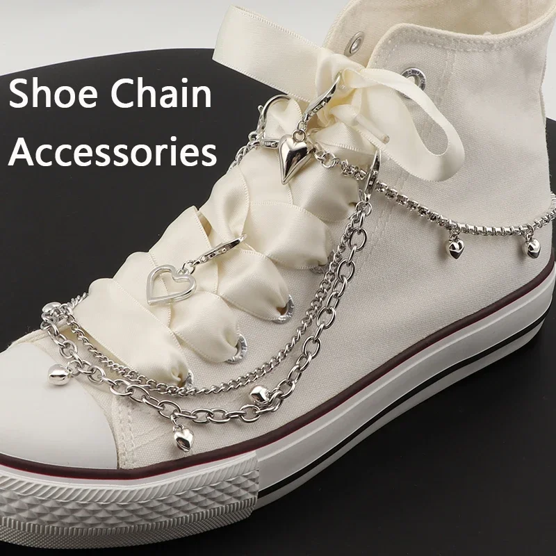 Bling Rhinestone Shoe Chain Shoes Charms Stainless Steel Shoe Decorations Hollow Star Love Pendant Pearl Double Layer Sweet Cool