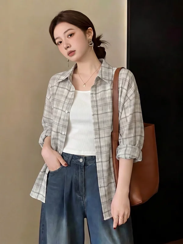 

Thin Salt Series Plaid Shirt Women's Summer New Large Size Fat MM Shoulder Length Outerwear Korean Style Commute Wind Loose Fit