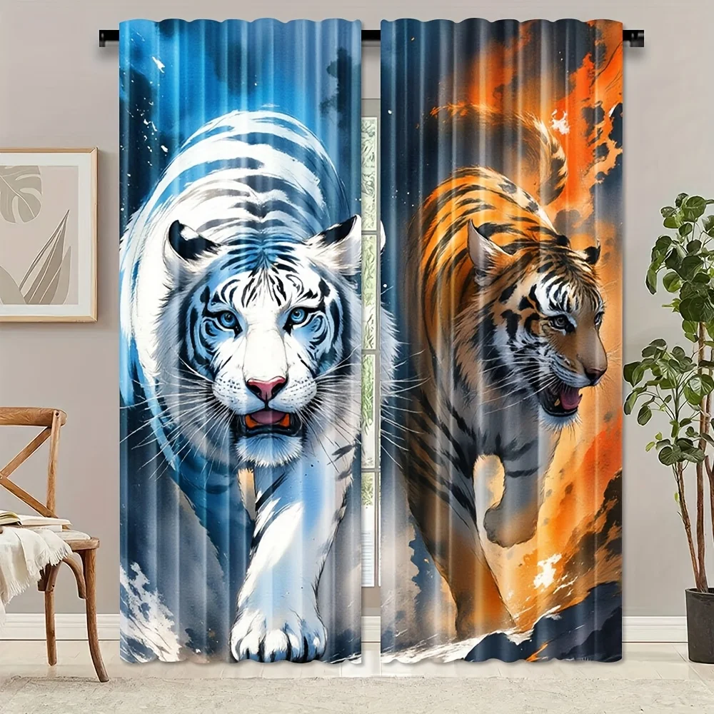 Watercolor White Orange Tiger Curtain 2 Panels Ink Splash Blue Orange Contrast Background Master Bedroom Curtain Wild Animal