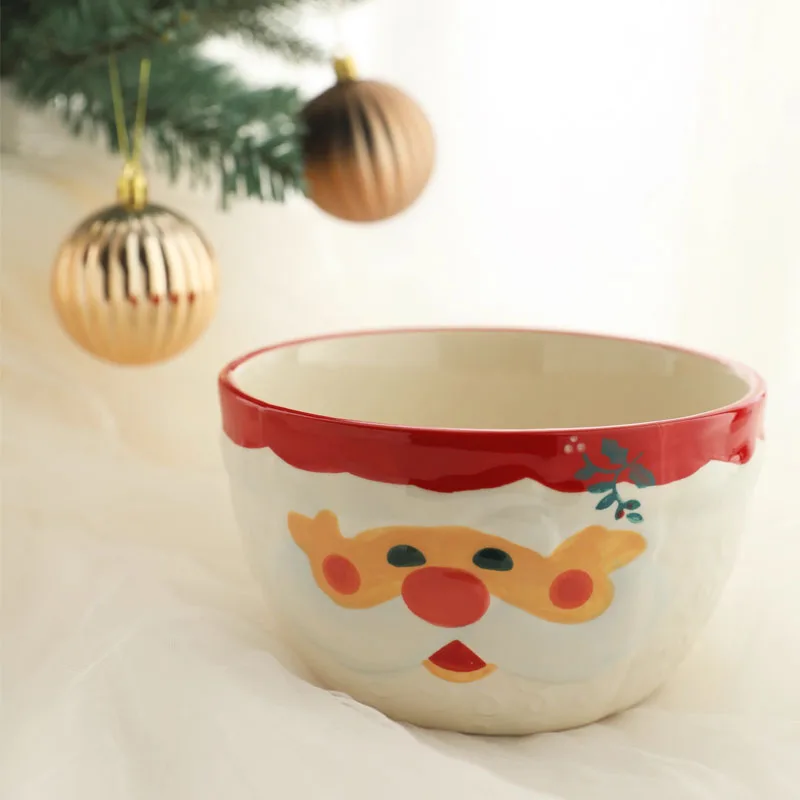 

Nordic Hand Painted Double-sided Santa Claus Ceramic Bowl Home Living Room Kitchen Bowl Rice Bowl Crafts Christmas Decoration