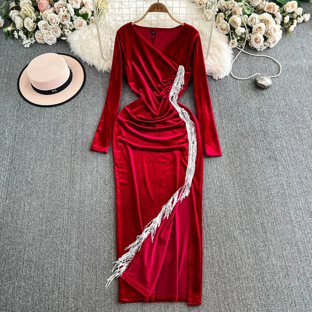 Elegancka sukienka z dekoltem w szpic z długim rękawem i frędzlami Szykowna elegancka sukienka Vestidos Jesienna moda damska Ceremonialna sukienka