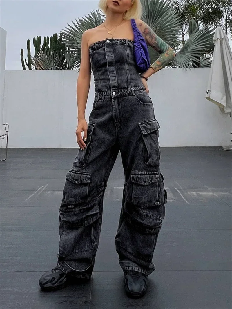 Streetwear Denim Ripped Jumpsuit Summer Clothes Women 2025 Multi Pockets Jean Denim Rompers Playsuits One Pieces Overalls Outfit