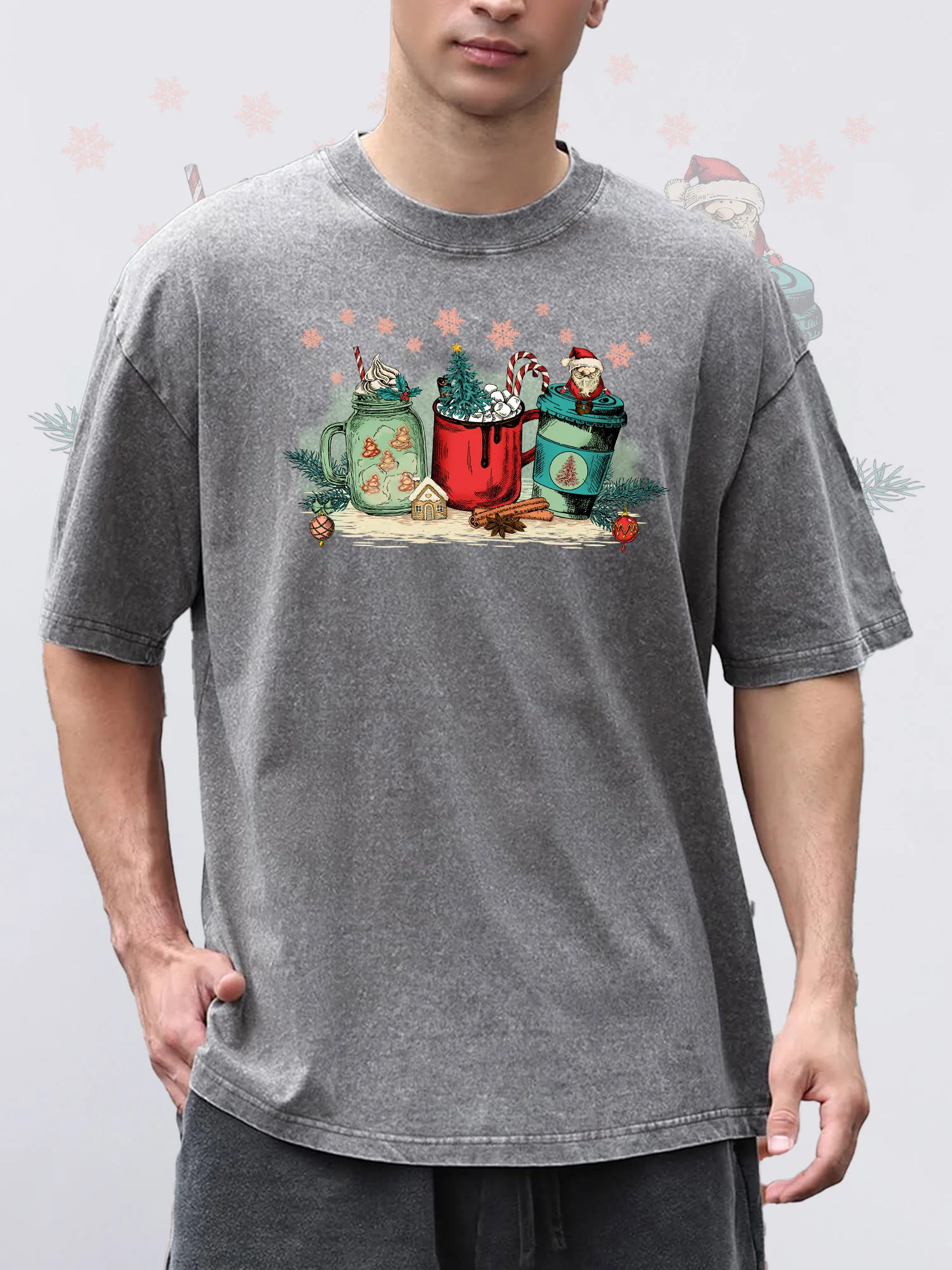

Men's T-Shirts Christmas Printed Grey Short-Sleeve Crew Neck Loose Summer 100% Cotton Acid Washed Christmas Theme T-Shirt
