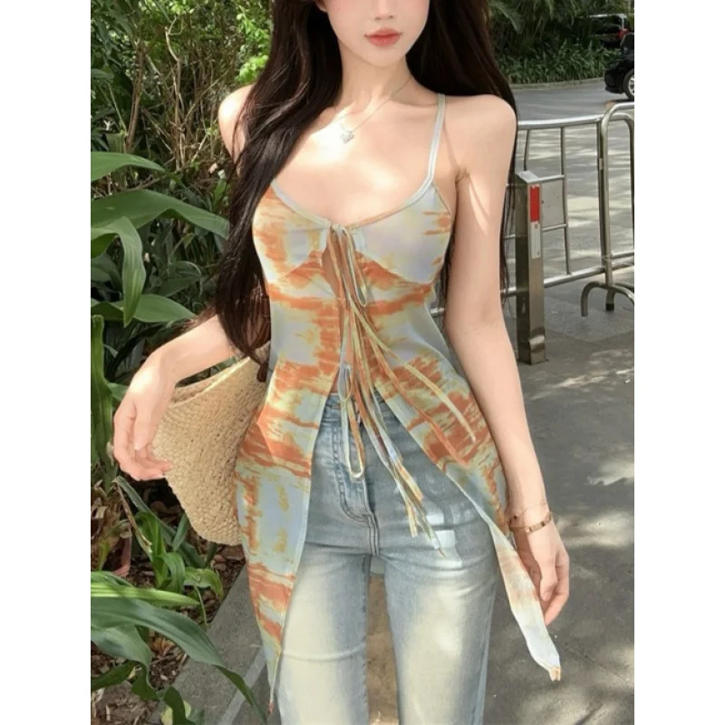 

Tie Dye Asymmetrical Top Women Spaghetti Strap Drawstring Front Long Hem Split Tank Cami Summer Streetwear