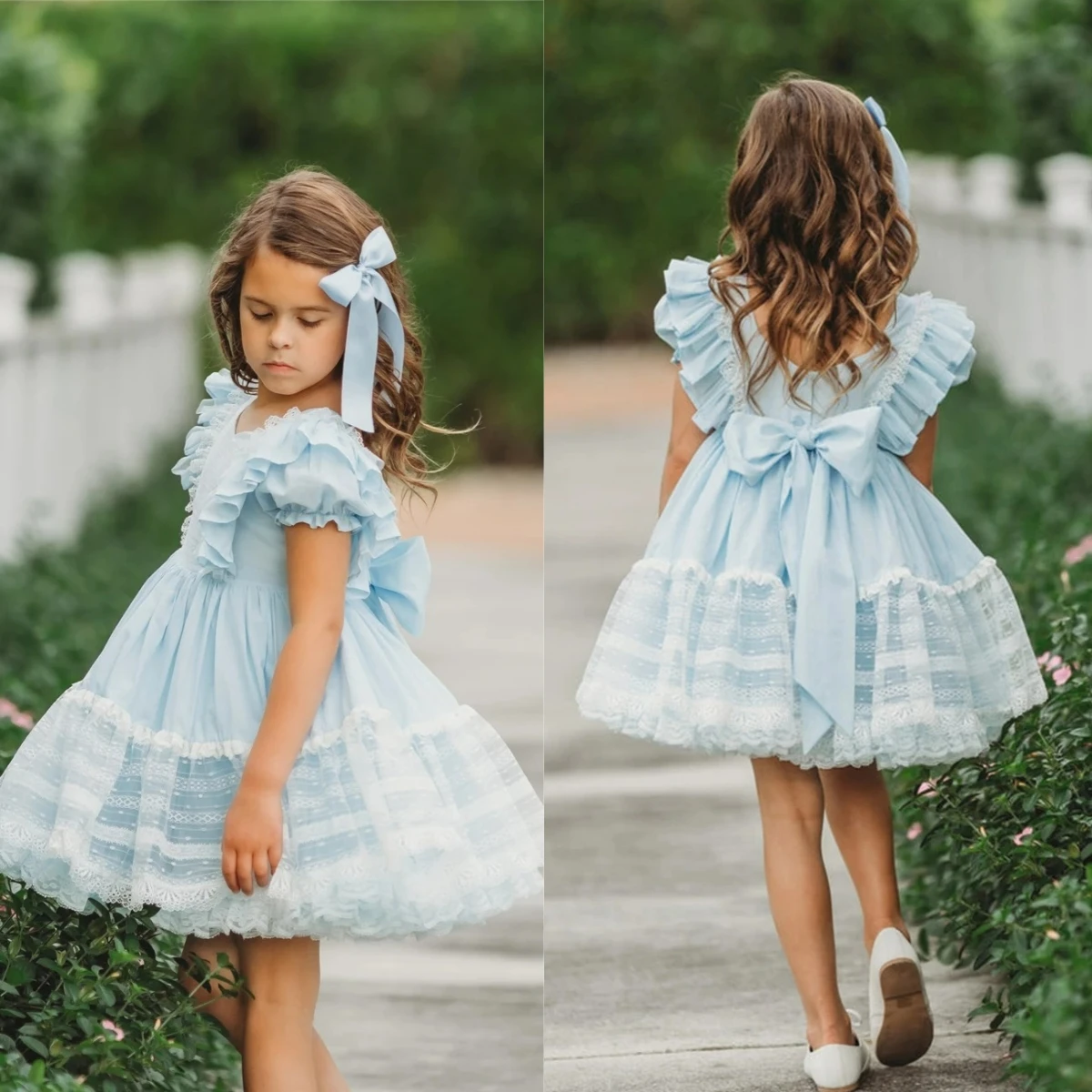 

Lovely Light Blue Tulle Fluffy Flower Girls Dress Bow Lace Applique for Wedding Dresses Kids Birthday Prom Party Evening Gowns