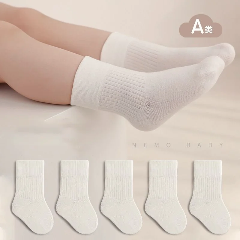 5 pairs Baby Socks Spring Autumn Solid Color Pure Cotton Breathable Mid-Tube Versatile Newborn Boys Girls Baby Socks