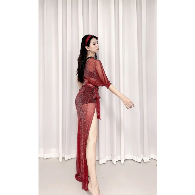 맞춤형 밸리 댄스 연습 의상 와인 레드 스파클링 실크 스크린 별이 빛나는 하늘 메쉬 가운 baladi 섹시한 약간 투명