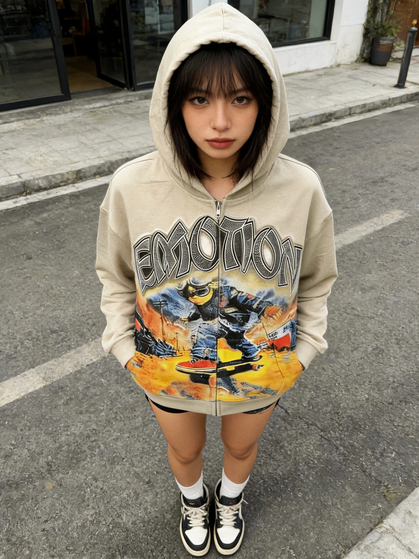 

Mixed Emotion Cartoon Print Rhinestone American Zipper Open Cardigan Hoodie Jaet Hip Hop Hat Sweatirt for Couples Youth C...