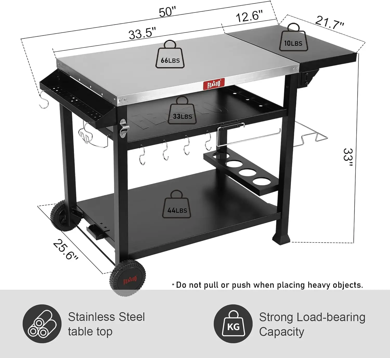 Shelf Movable Food Prep and Work Cart Table, Home and Outdoor Multifunctional Stainless Steel Table Top Worktable on Two Wheels,