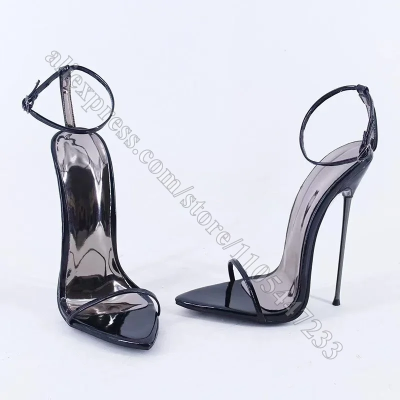 Women Black Patent Leather Stiletto Sandals Thin Straps Open Toe Ankle Buckle Sexy High Heels Summer Party Club Night Out Shoes