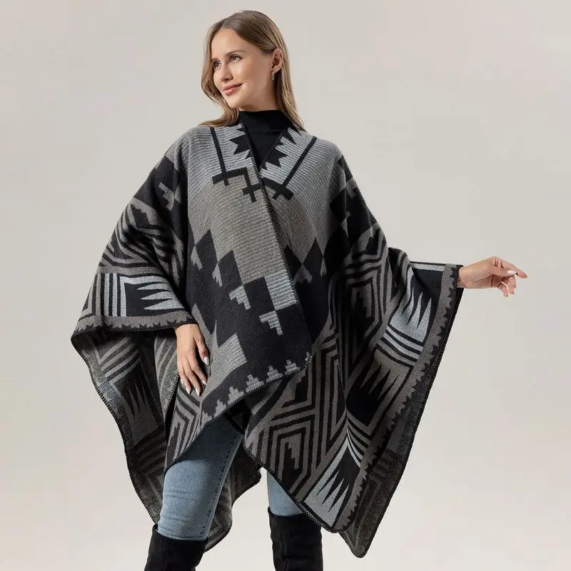 Warm cloak shawl travel outfit scarf women's faux cashmere jacquard split cape