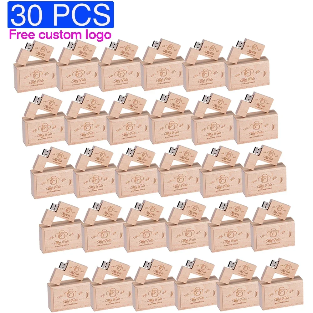 30pcs/lot Flash Drive Usb 2.0 Wooden + Box Pen Drive 4GB 8GB 16GB 32GB 64GB U Disk Free Custom Logo for Photography Wedding Gift