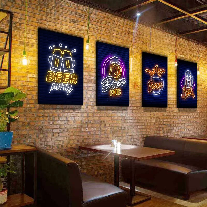 Neon Effect Beer Fun Retro Bar Pub Beer Glass Bottle Posters Prints Canvas Painting for Bar Kitchen Man Cave Wall Decor Picture