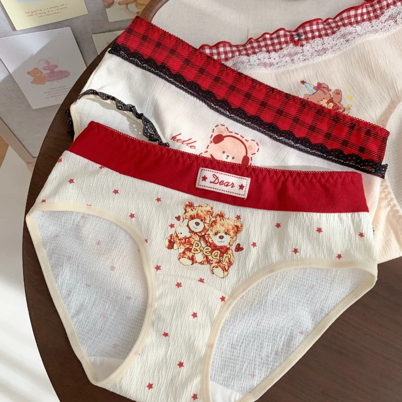 Beige Red Trim Star Bear Letter Womens Intimates Panties Underwear Cute Cotton Briefs 2026 New Arrival Soft Comfy Charming Fit