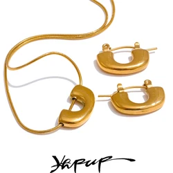 Yhpup Personalized Stainless Steel Creative Metal U-Shape Pendant Necklace Hoop Earrings Gold Color Texture Popular Jewelry Set