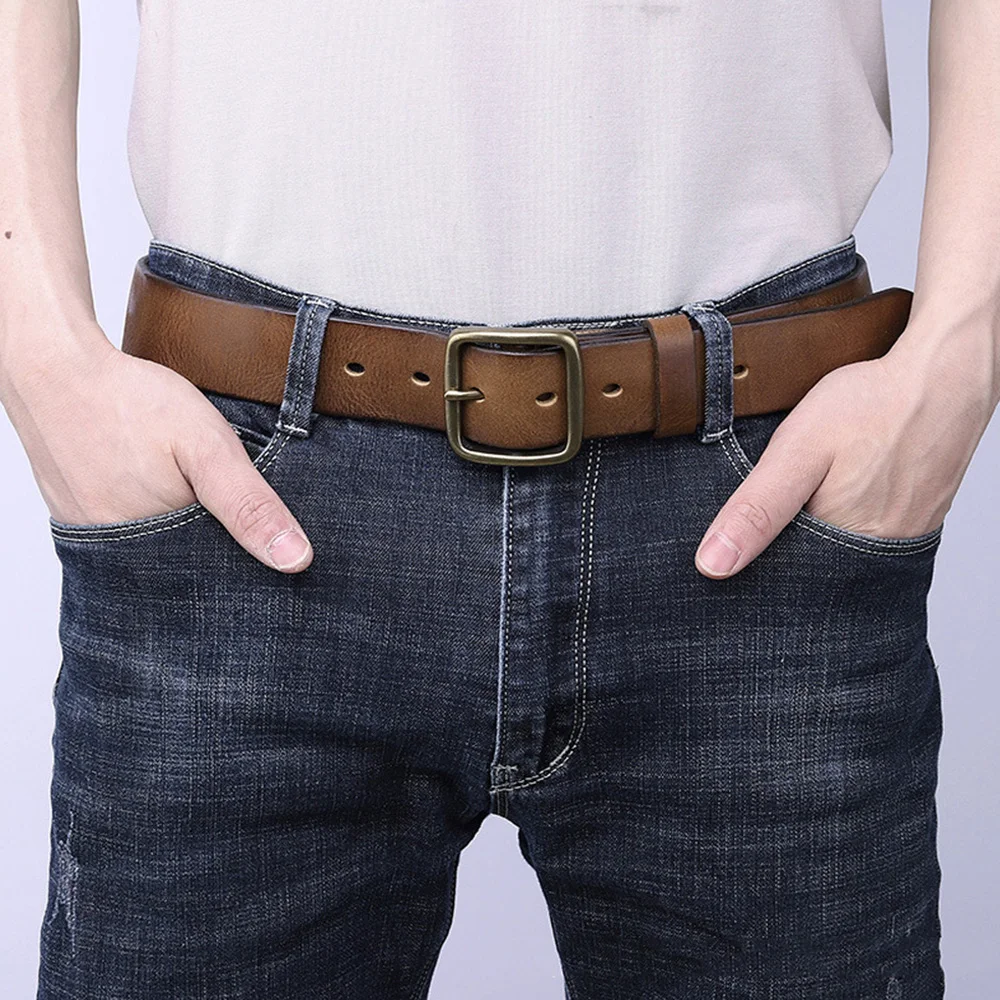 Men\'s Top Quality 100% Solid Cowhide Leather Brass Pin Belt for Men 38mm Wide