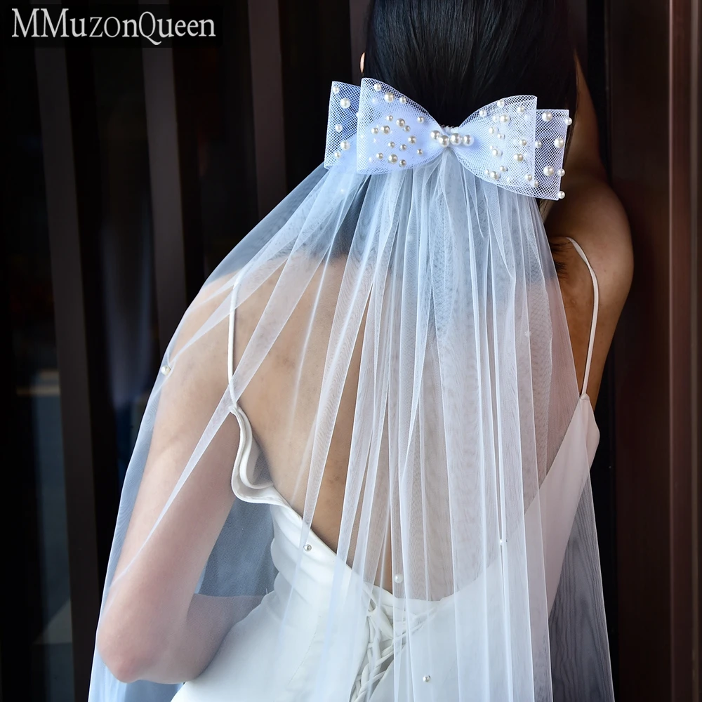 MMQ M39 Pearls Bow Veil Solf Tull Yarn Beaded Bridal Veil With Comb  1 Tier Fingertip Length Wedding Accessories