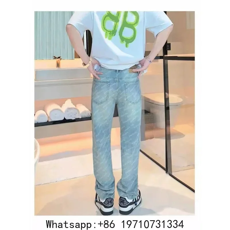 Men's jeans with niche design full-letter print, gradient washed texture, a must-have for trendy outfits