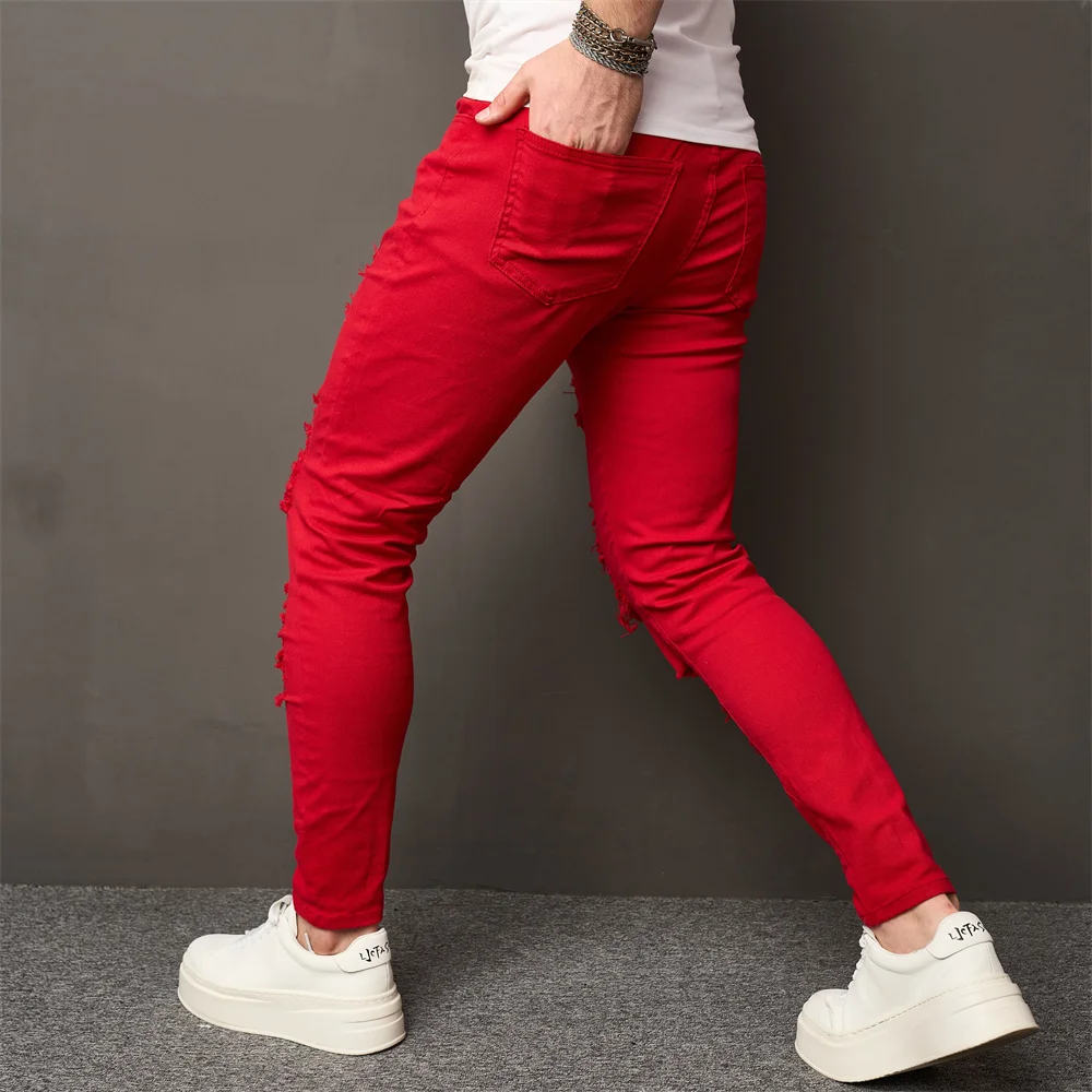 High Street Men HipHop Holes Skinny Stretch Jeans Trousers Stylish Male Distressed Slim Denim Pencil Pants