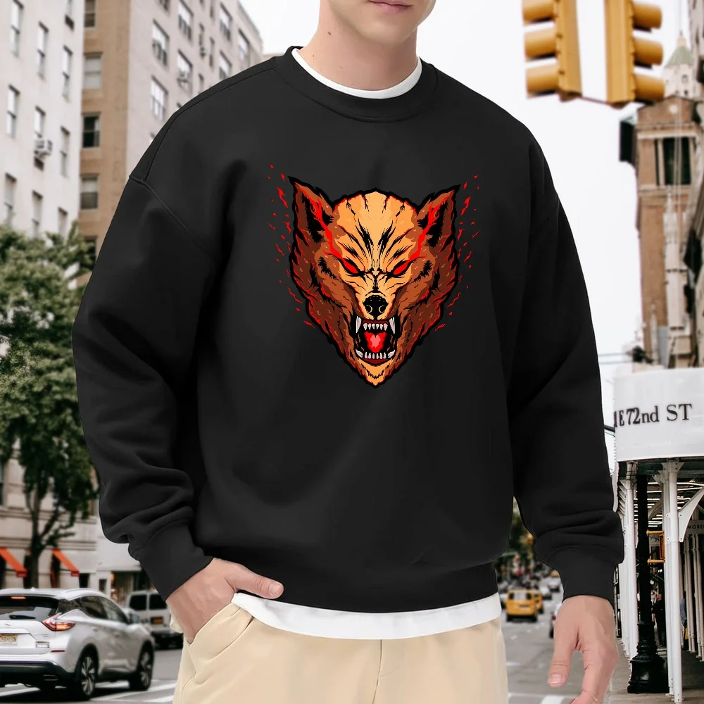 

Men's Black Crew Neck Loose Sweatshirt with Unique Wolf Head Print, Street Fashion Casual Versatile Top, Comfortable and Breathable, Suitable for Daily Wear and Sports