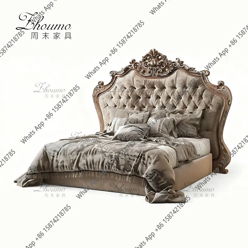 French light luxury soft bag backrest bed retro simple velvet double bed American engraved pull-up cloth bed