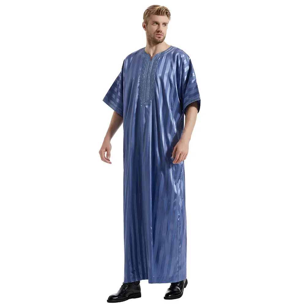 Uomo Islamico Jubba Thobe Arabo Caftano Vintage Solido Manica corta Allentato Retro Stripe Robe Abaya Dubai Medio Oriente Abbigliamento musulmano
