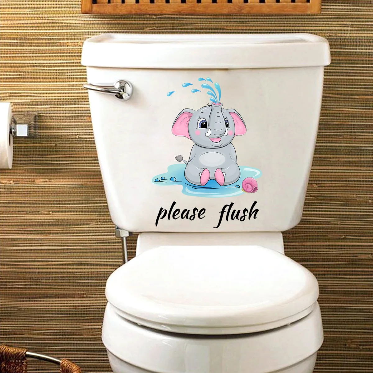 T253# Baby Elephant Please Flush Toilet Sticker Bathroom Toilet Cover Wall Stickers Animal Wc Accessories Fun For Home BathRoom