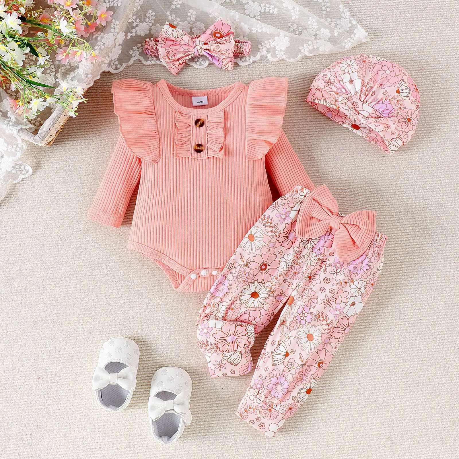 4Pcs Newborn Baby Girls Clothes Outfits Ribbed Long Sleeve Rompers Pants Hat Headband Set Outfits for Baby Girls 3M,6M,12M,18M