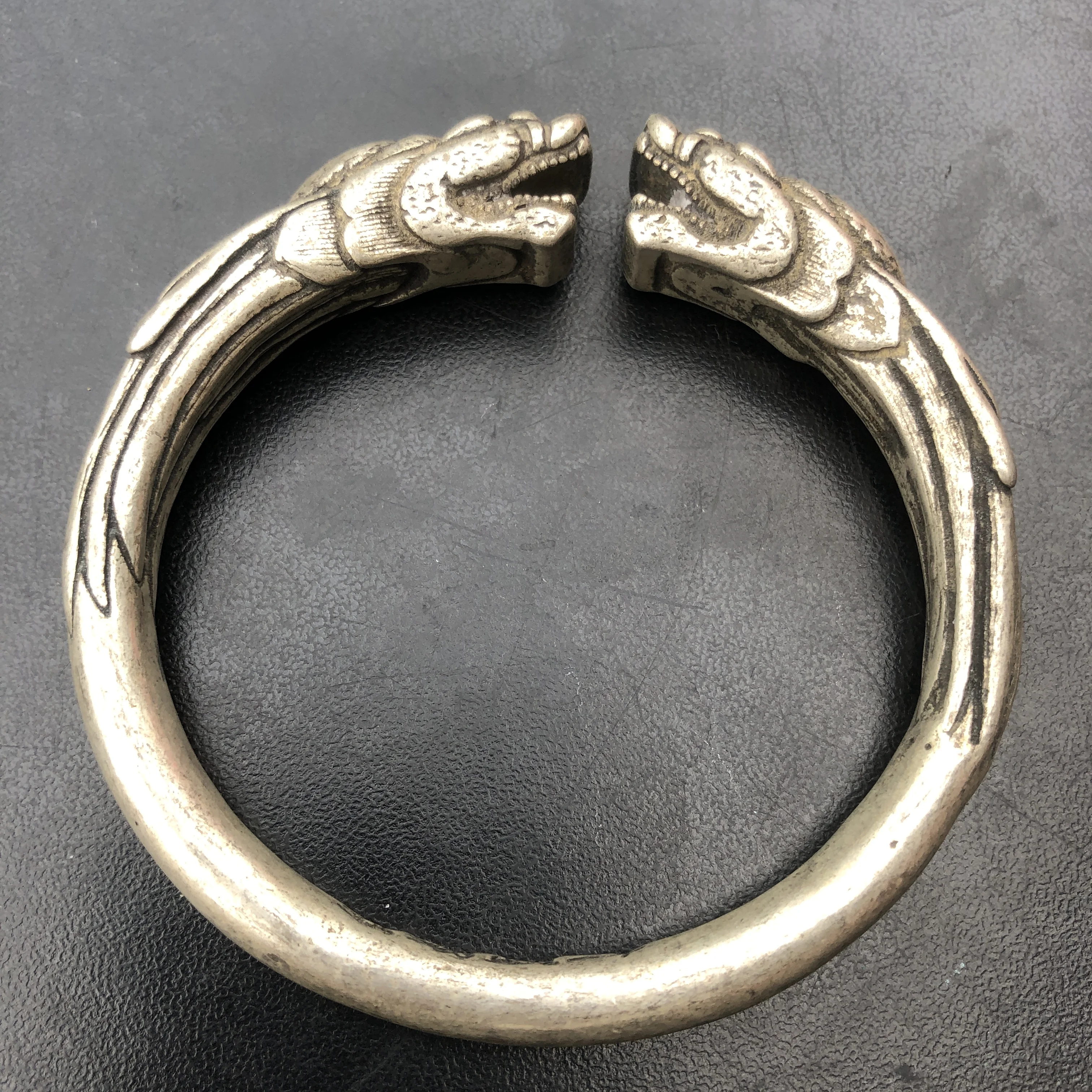Vintage Double Dragon Head Open Cuff Bracelet, Antique Silver Plated Hand Carved Old Chinese Miao Ethnic Bangle Jewelry Gift