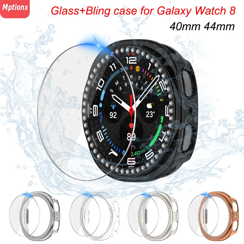 Casing Berlian + Kaca untuk Jam Tangan Samsung Galaxy 8 40Mm 44Mm Pelindung Layar Penutup Bumper PC Bling untuk Aksesori Jam Tangan Galaxy 8