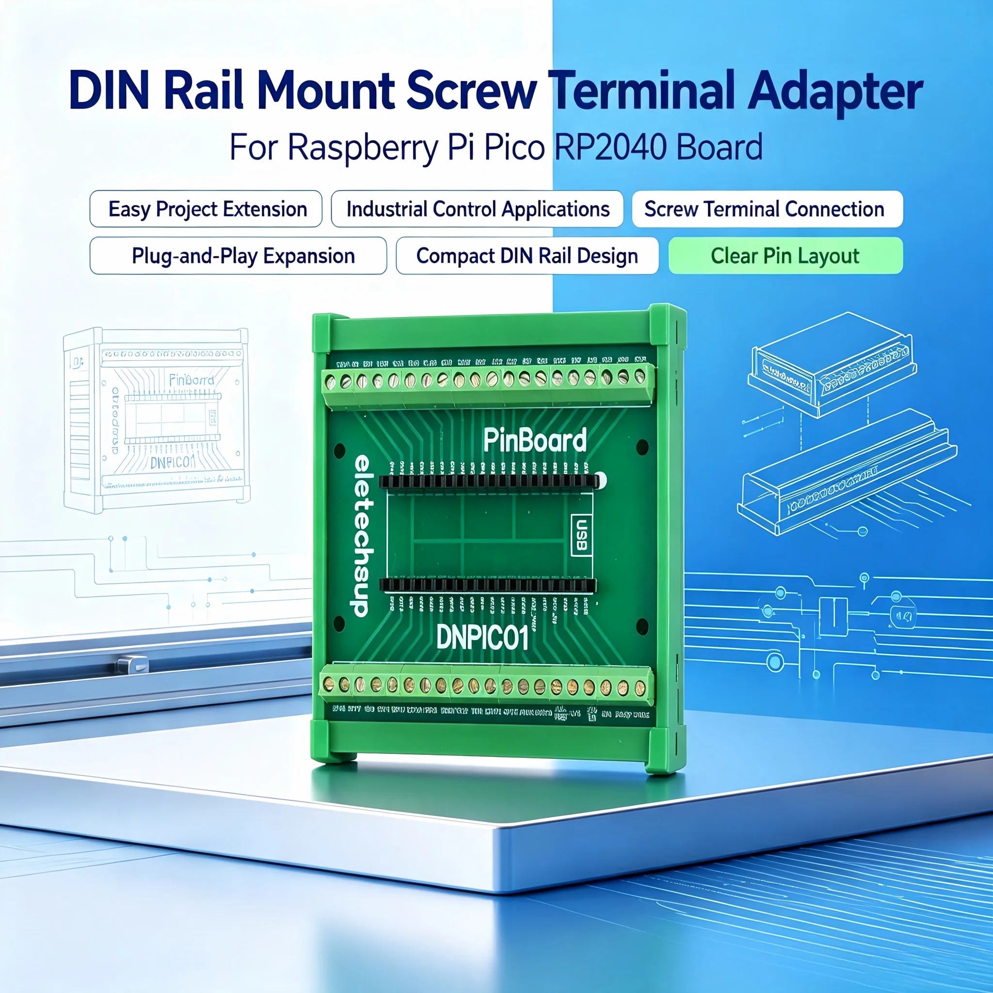 DIN Rail Mount GPIO Terminal Block Adapter for Raspberry Pi Pico RPi PLC Industrial Control Module