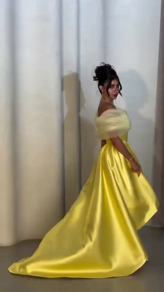 Off Shoulder Arabic Evening Dress High Low Muslim Prom Wedding Party Gown Custom Made Satin Train Bridesmaid Yellow Customized