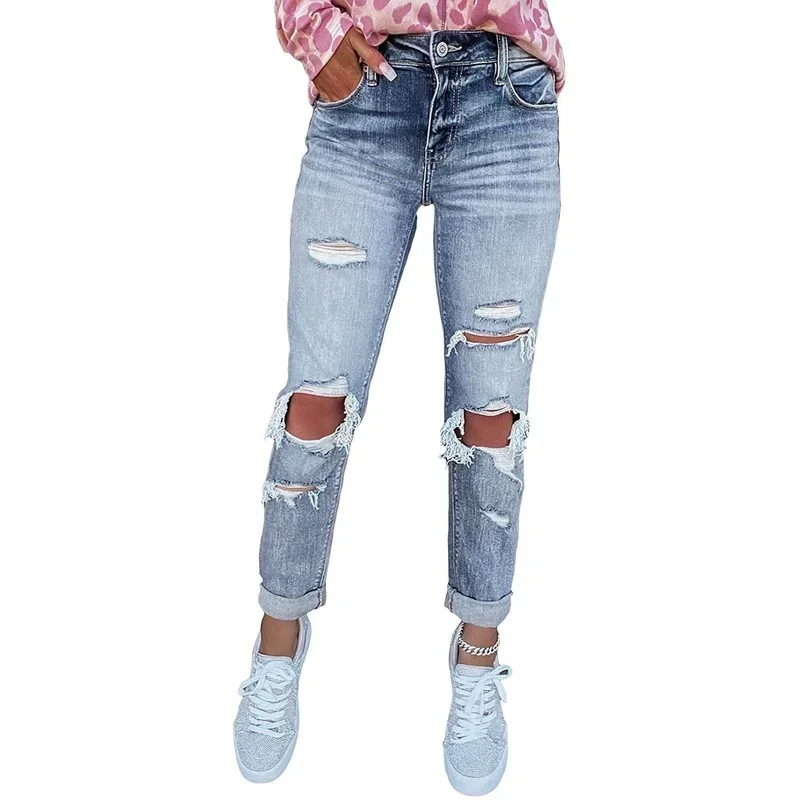Women's Vintage Oversized Distressed Stretch Denim Pants 2024 Fashion Ripped Boyfriend Mid Waist Skinny Classic Jeans Streetwear