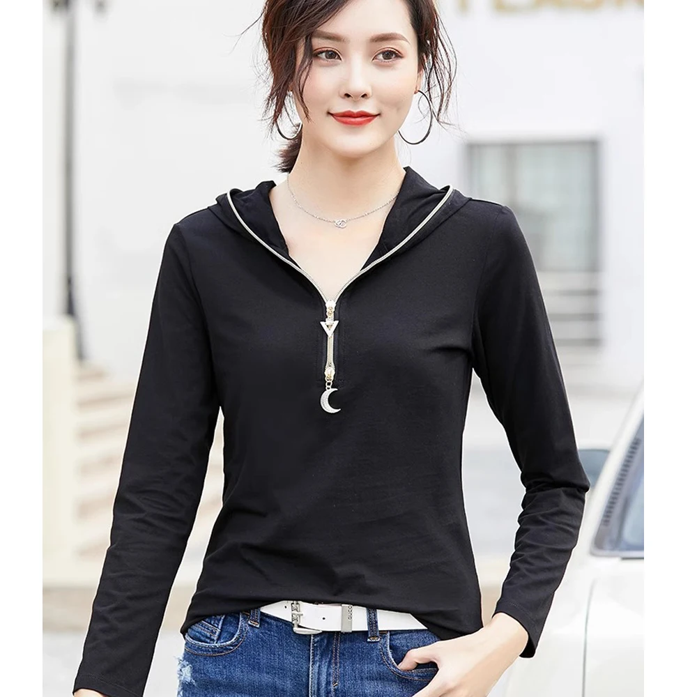 Women\'s 2024 new spring and autumn long sleeved hooded rose red top women\'s plus size t-shirt thin cut hooded zip chain trendy
