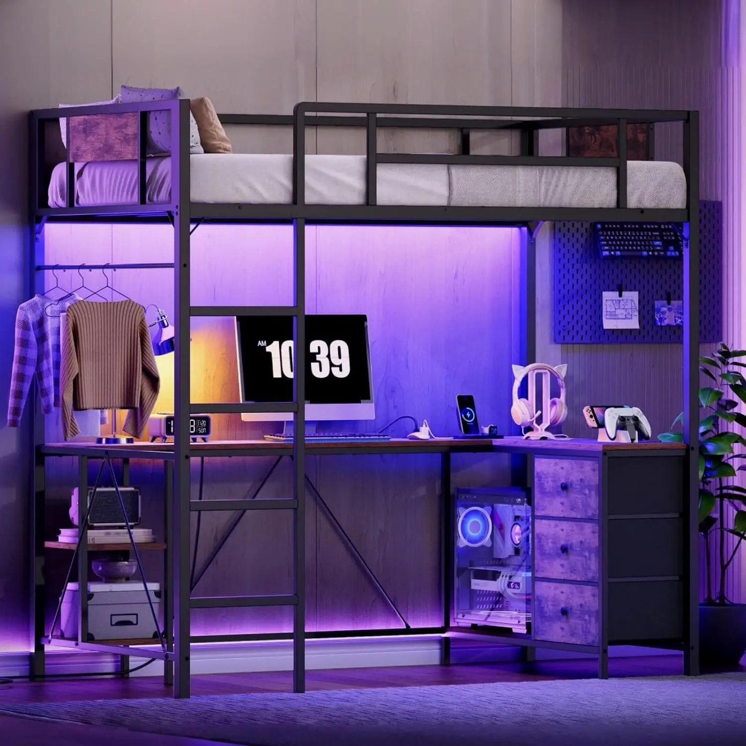 Twin Size Loft Bed with L-Shaped Desk, 3 Storage Drawers, Charging Station, Metal Kids Loft Bed Frame with LED Light & Ladder