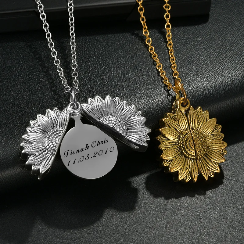 Auxauxme Custom Engrave Name Sun Flower Necklace  Alloy Metal Laser Engraved Logol Date Drawing Pendant Choker Jewelry