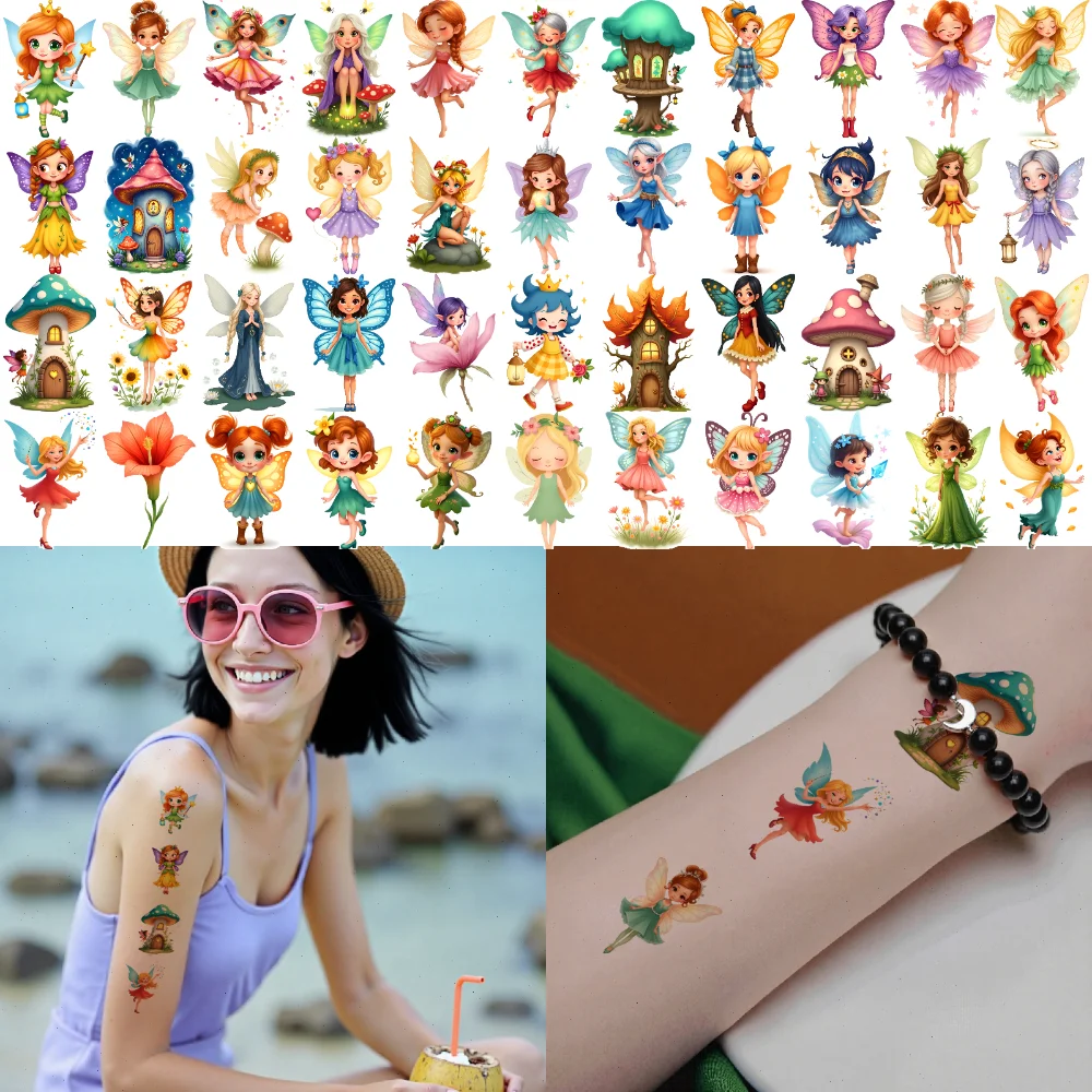 63 Stück temporäre Tattoo-Pilzhäuser, wasserdicht, langlebig, Körperaufkleber, Feen-Designs, bunte Aufkleber für