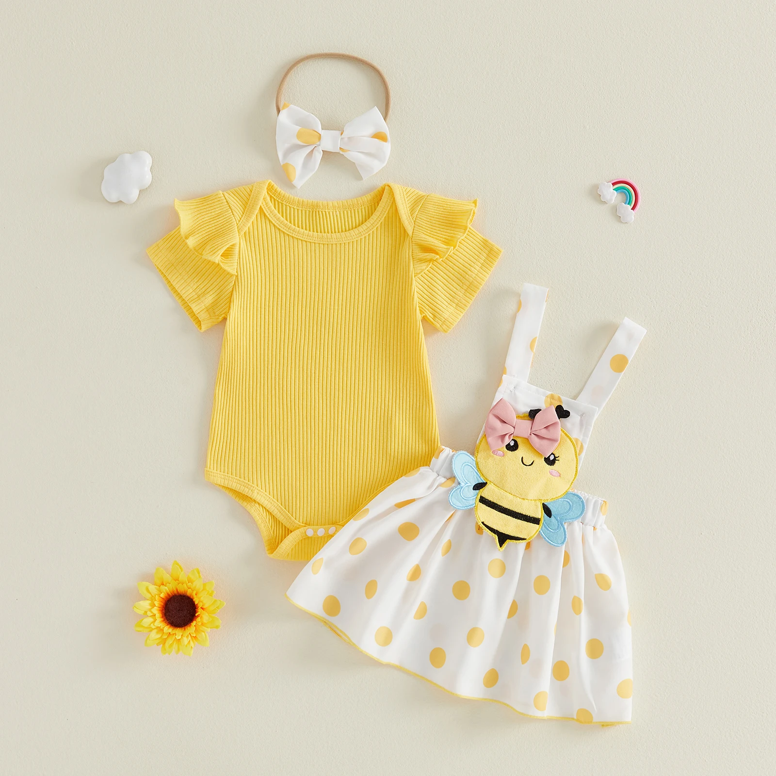 Citgeett Summer Infant Baby Girl Outfits Short Sleeve Romper Embroidery Suspender Skirt Headband Clothes Set