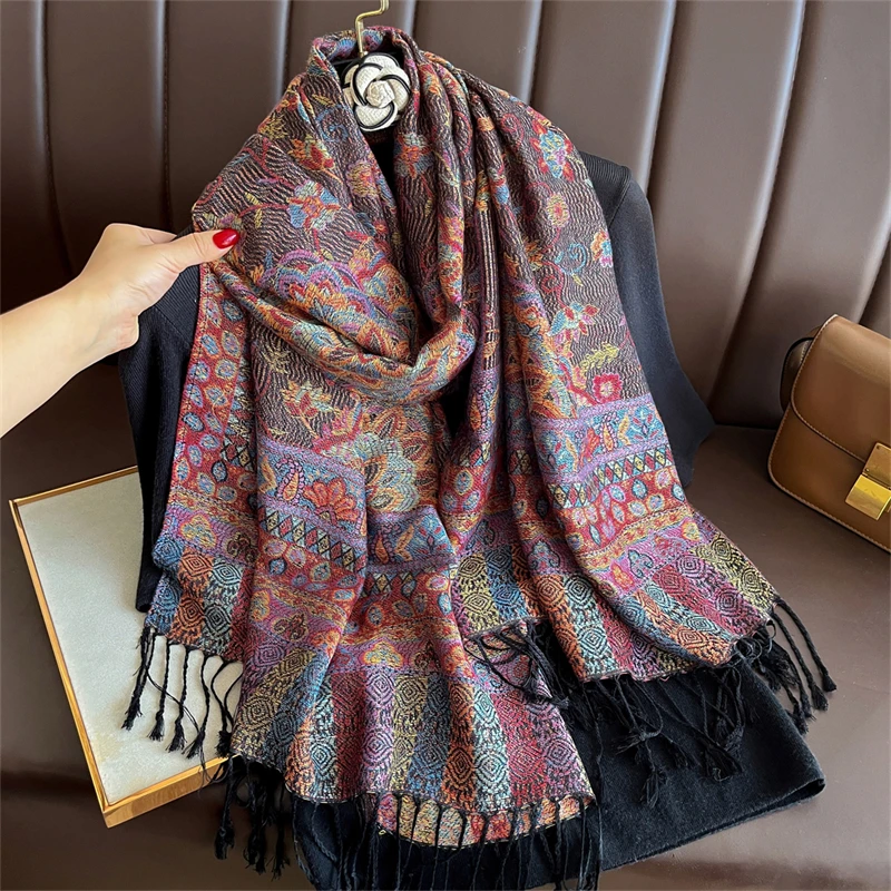 Luxury Embroidery Cashmere Winter Scarves Women Pareo Cape Warm Muslim Modal Hijabs Shawl Chunky Headscarf Ladies Elegant Poncho view 3