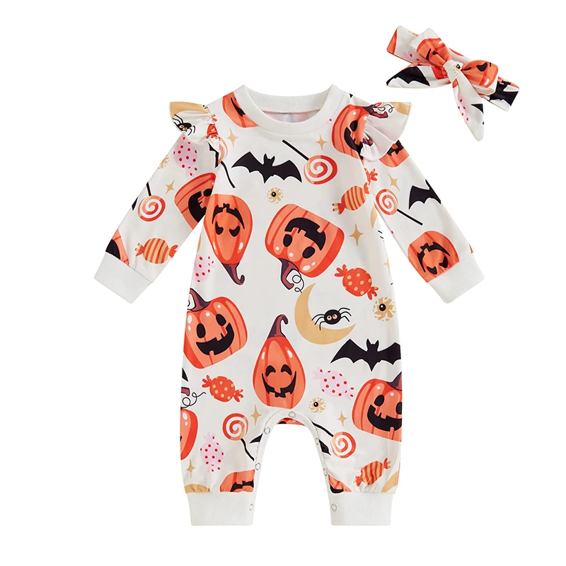 

Baby Boy Girl My First Halloween Outfit Pumpkin Bat Romper Long Sleeve Jumpsuit Infant Halloween Clothes