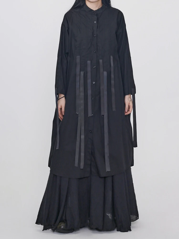 YERMORA Women Black Ribbon Big Size Casual Shirt Dress Stand Collar Long Sleeve Loose Fashion Tide Spring Summer 2025 New