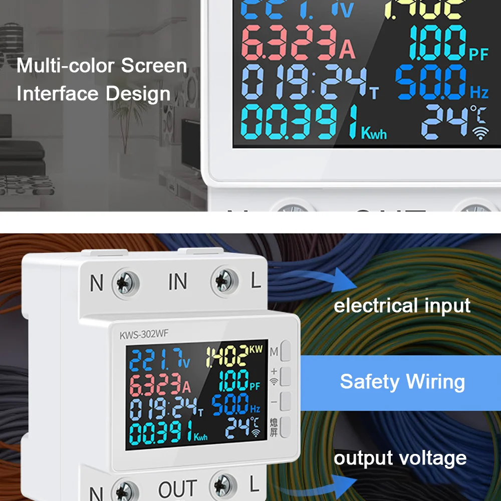 Tuya 8 in1 Power Meter Color Screen 2P AC Energy Meter APP Control 170-270V/63A Voltage and Current Meter Standard Rail Mounting