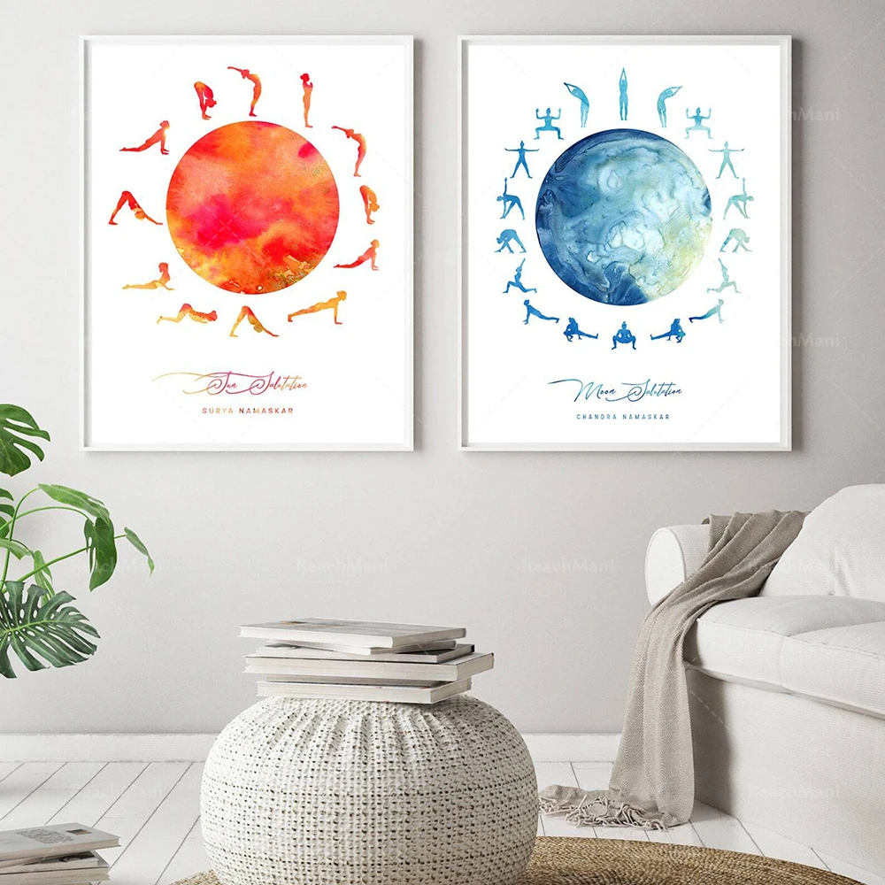Watercolor yoga poster, sun salutation poster, moon worship poster, yoga poses, moon worship poster, chakras, yoga poster