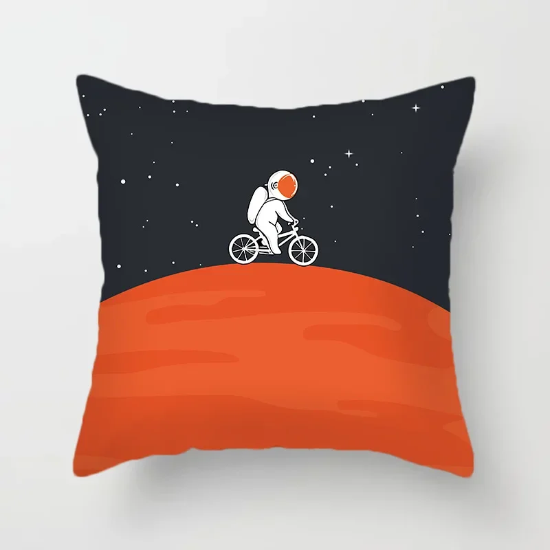 Cartoon astronaut polyester pillowcase black orange pillowcase astronaut moon bicycle cushion cover decorative decoration